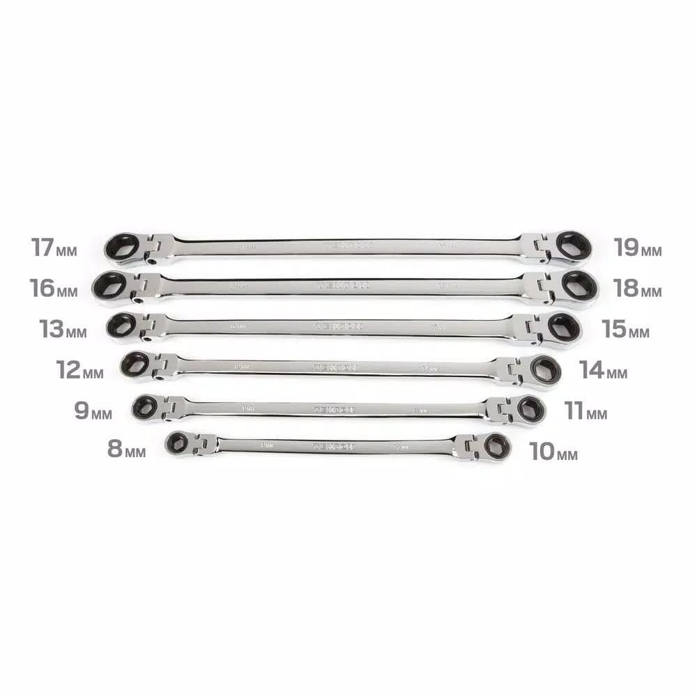 TEKTON 6-Piece Extra Long Flex-Head Ratcheting Box End Wrench Set, Metric 8-19 mm