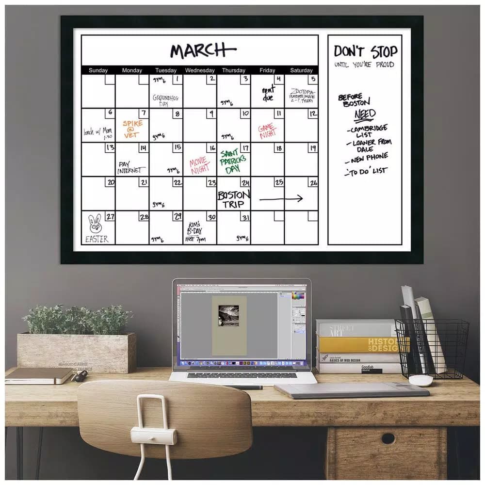 Amanti Art 38 in. W x 26 in. H Framed Glass Dry Erase Calendar Board, Mezzanotte Satin Black Wood