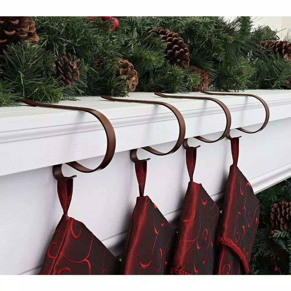 Haute Decor Original MantleClip Rustic Brown Stocking Holder (4-Pack) - Metal Mantel Clips for Holiday Decor
