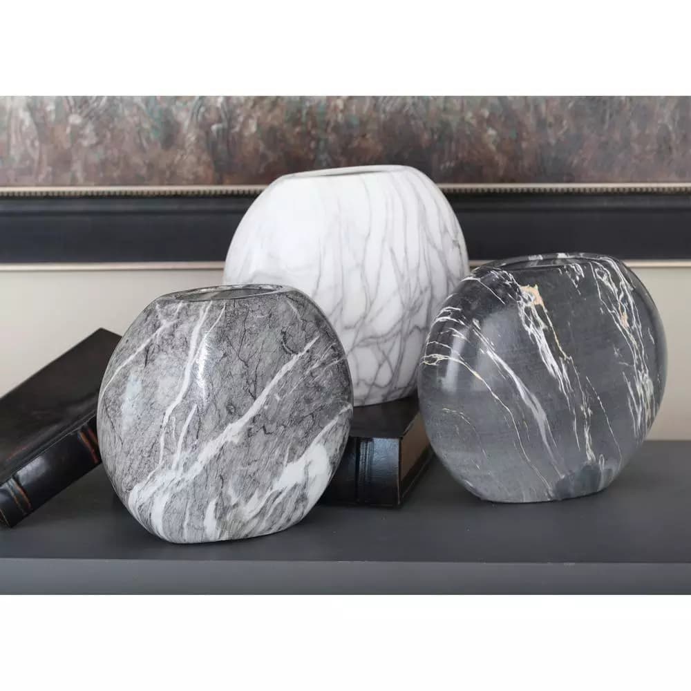 LITTON LANE 8 in. Gray Ceramic Decorative Marbled Vases, Set of 3