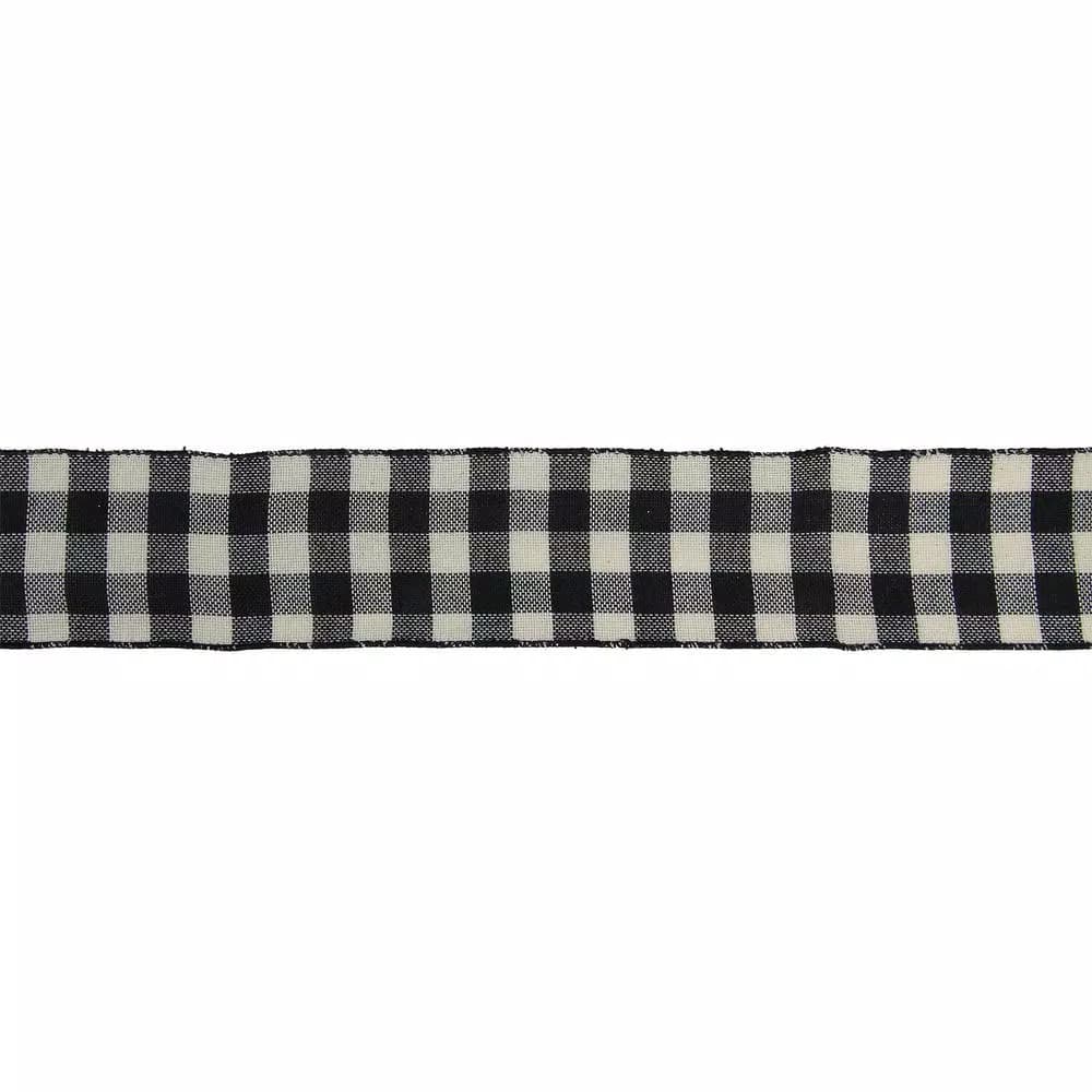 Northlight 2.5 in. x 16 yds. Black and White Buffalo Check Double Sided Wired Ribbon