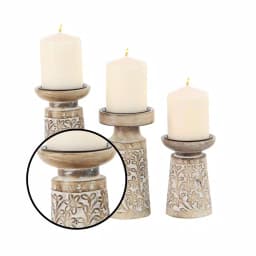 LITTON LANE Rustic Mango Wood and Iron Candle Holder Set of 3 with Floral Carvings thumbnail 3