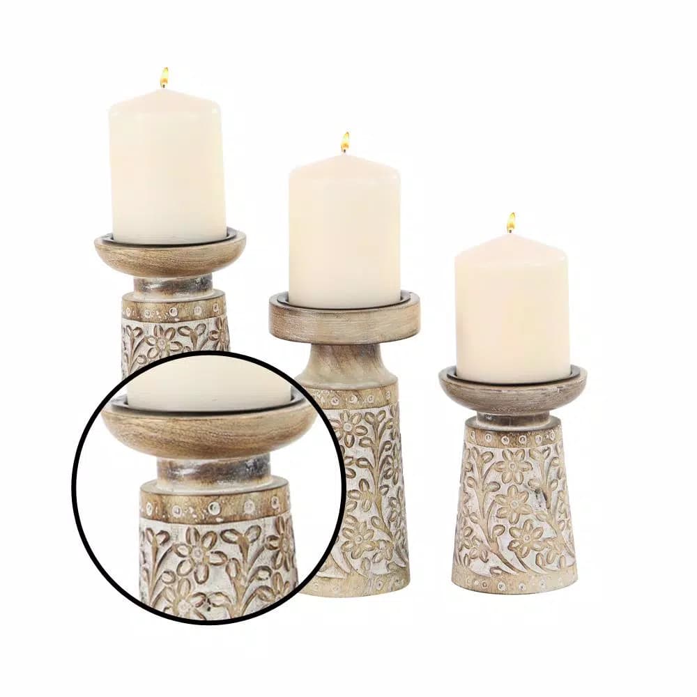 LITTON LANE Rustic Mango Wood and Iron Candle Holder Set of 3 with Floral Carvings