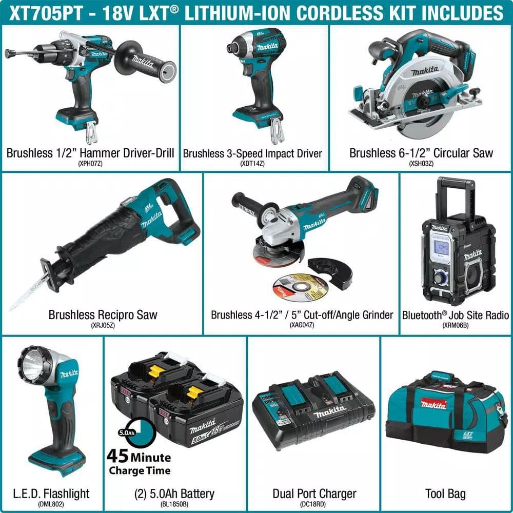 Makita 18V LXT Brushless 7-Piece Combo Kit with 5.0 Ah Batteries and Rapid Optimum Charger