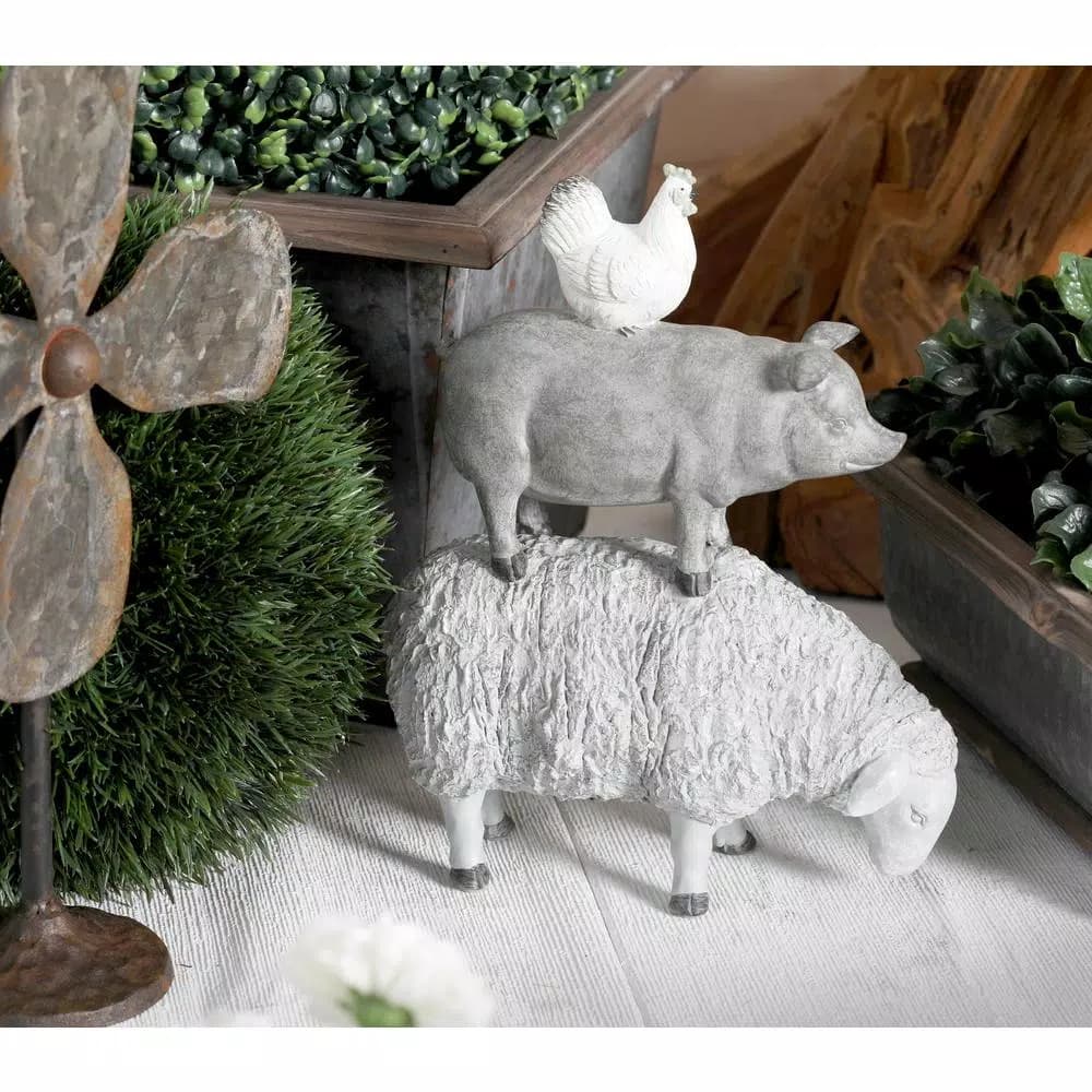 LITTON LANE 3-Stacked Barn Animals Polystone Sculpture - Farmhouse Sheep, Pig, and Chicken Statuary