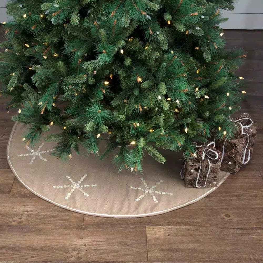 VHC Brands 48 in. Pearlescent Natural Tan Coastal Christmas Tree Skirt with Snowflake Pearl Buttons