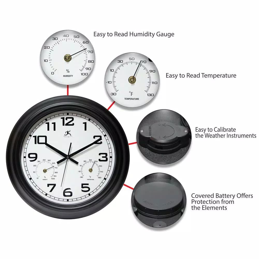 Infinity Instruments 18 in. Round Outdoor Wall Clock with Thermometer and Hygrometer