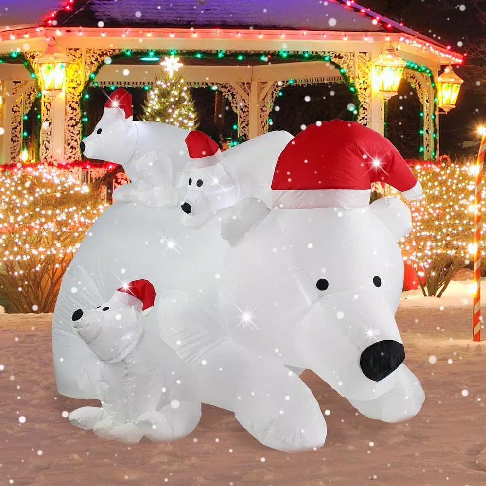 JOYDECOR 6 ft. Polar Bear Family Christmas Inflatable with LED Lights and Red Santa Hats