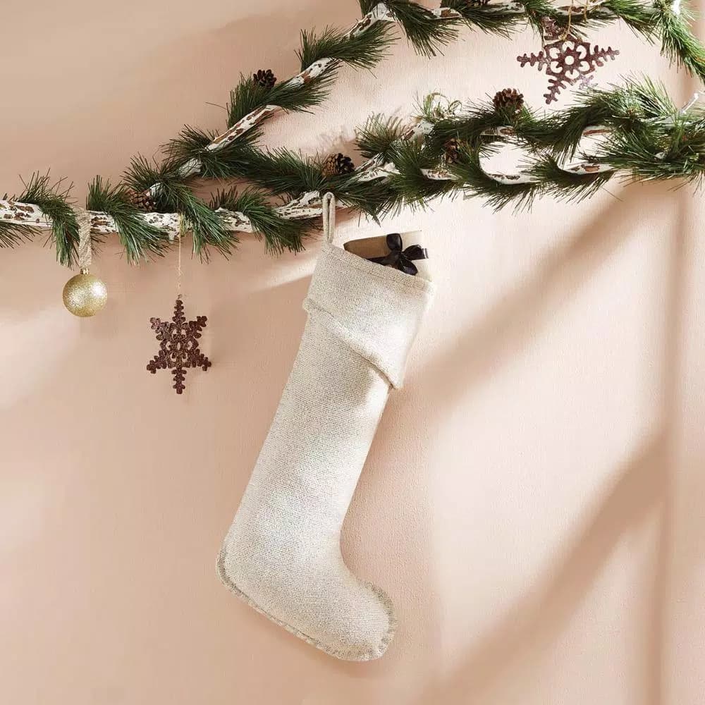 VHC Brands 20 in. Nowell Farmhouse Creme Burlap Christmas Stocking with Silver Metallic Whip Stitching