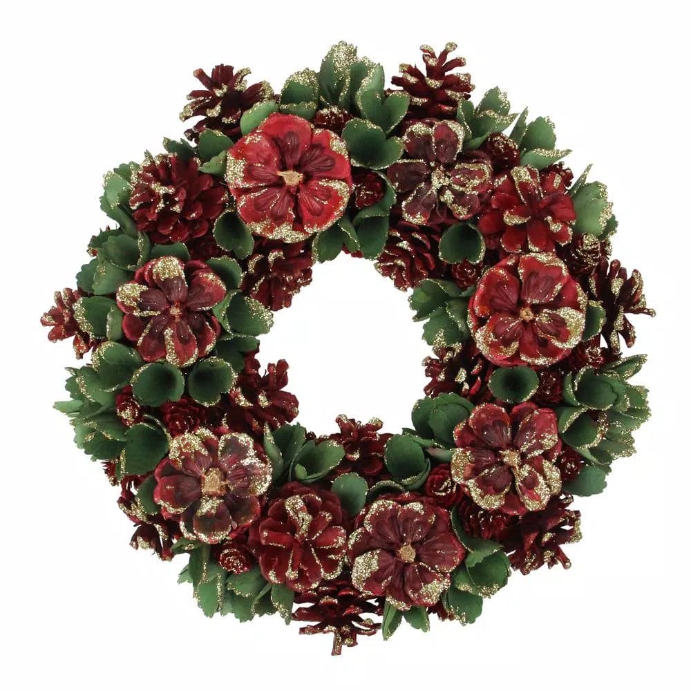 Northlight 13.5 in. Red and Green Floral and Pine Cone Wooden Christmas Wreath with Gold Glitter
