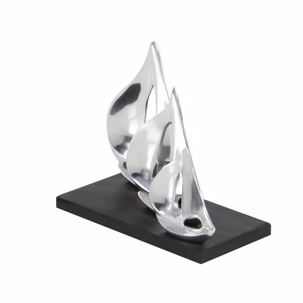 LITTON LANE 9 in. Stylized Sailboat Decorative Sculpture - Polished Silver Aluminum on Black Wood Base