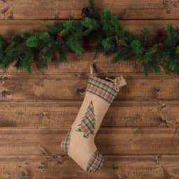 VHC Brands 20 in. Clement Deep Red Rustic Christmas Decor Tree Appliqued Stocking thumbnail 3