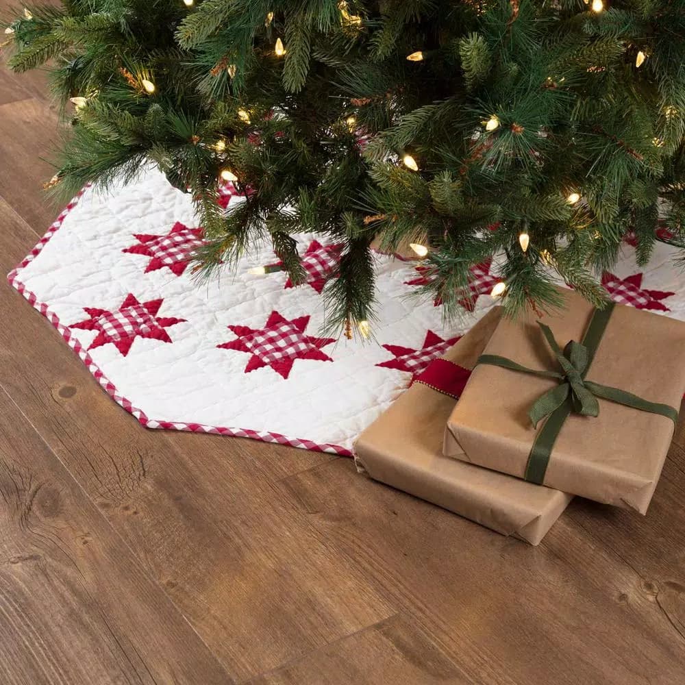 VHC Brands Emmie 48 in. Red Patchwork Christmas Tree Skirt - Hand-Quilted Cotton