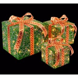 National Tree Company Pre-Lit Green Sisal Gift Box Assortment with Clear LED Lights, 3-Piece Set thumbnail 1