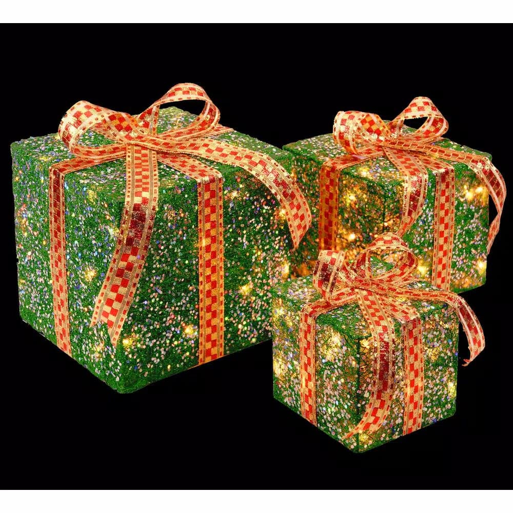 National Tree Company Pre-Lit Green Sisal Gift Box Assortment with Clear LED Lights, 3-Piece Set