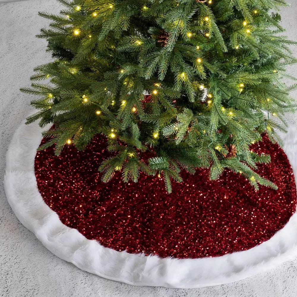 Glitzhome 48 in. Red Sequin Christmas Tree Skirt with White Faux Fur Cuff and Velvet Ropes