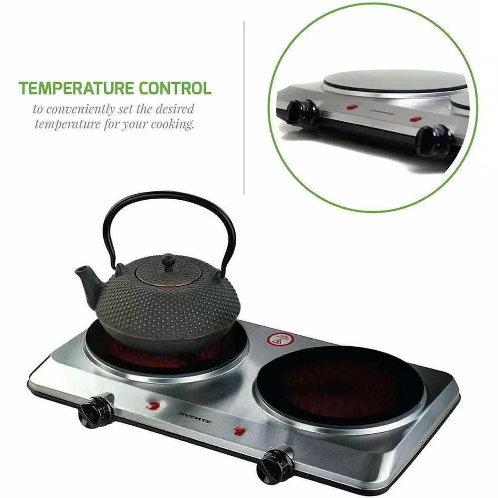 Ovente 1500W Double Burner Infrared Hot Plate, 7.5 in. Ceramic Glass Cooktop with Temperature Control