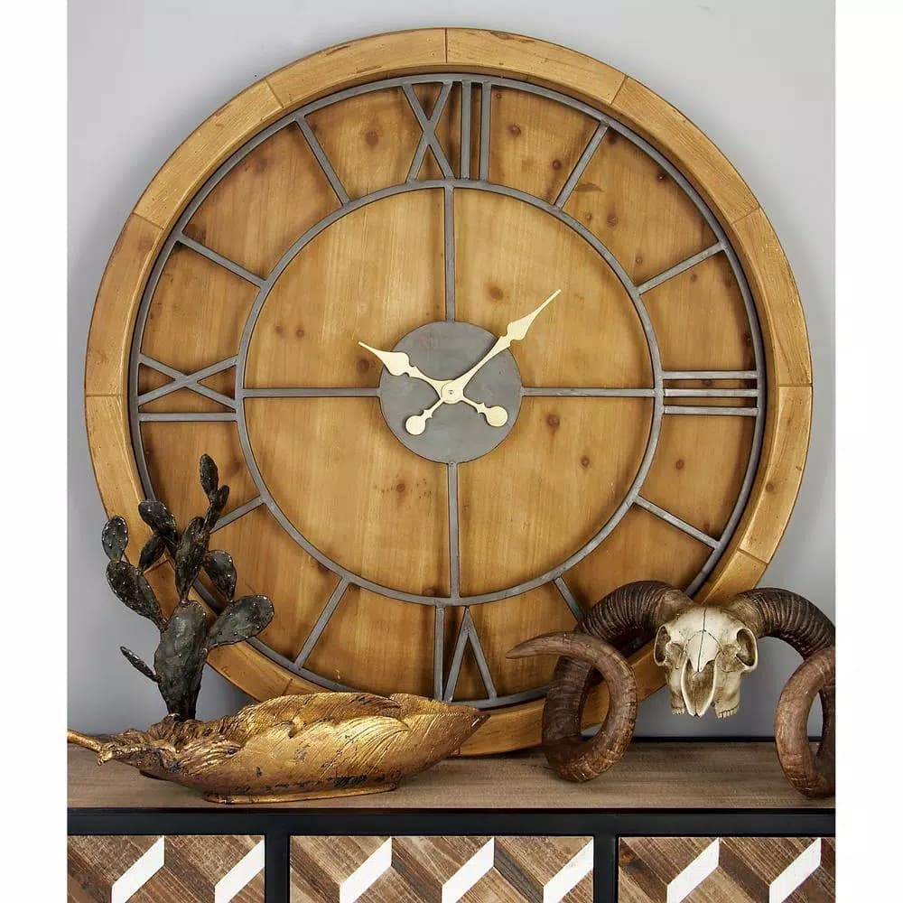 LITTON LANE 40 in. Rustic Round Cypress Wood Wall Clock with Roman Numerals