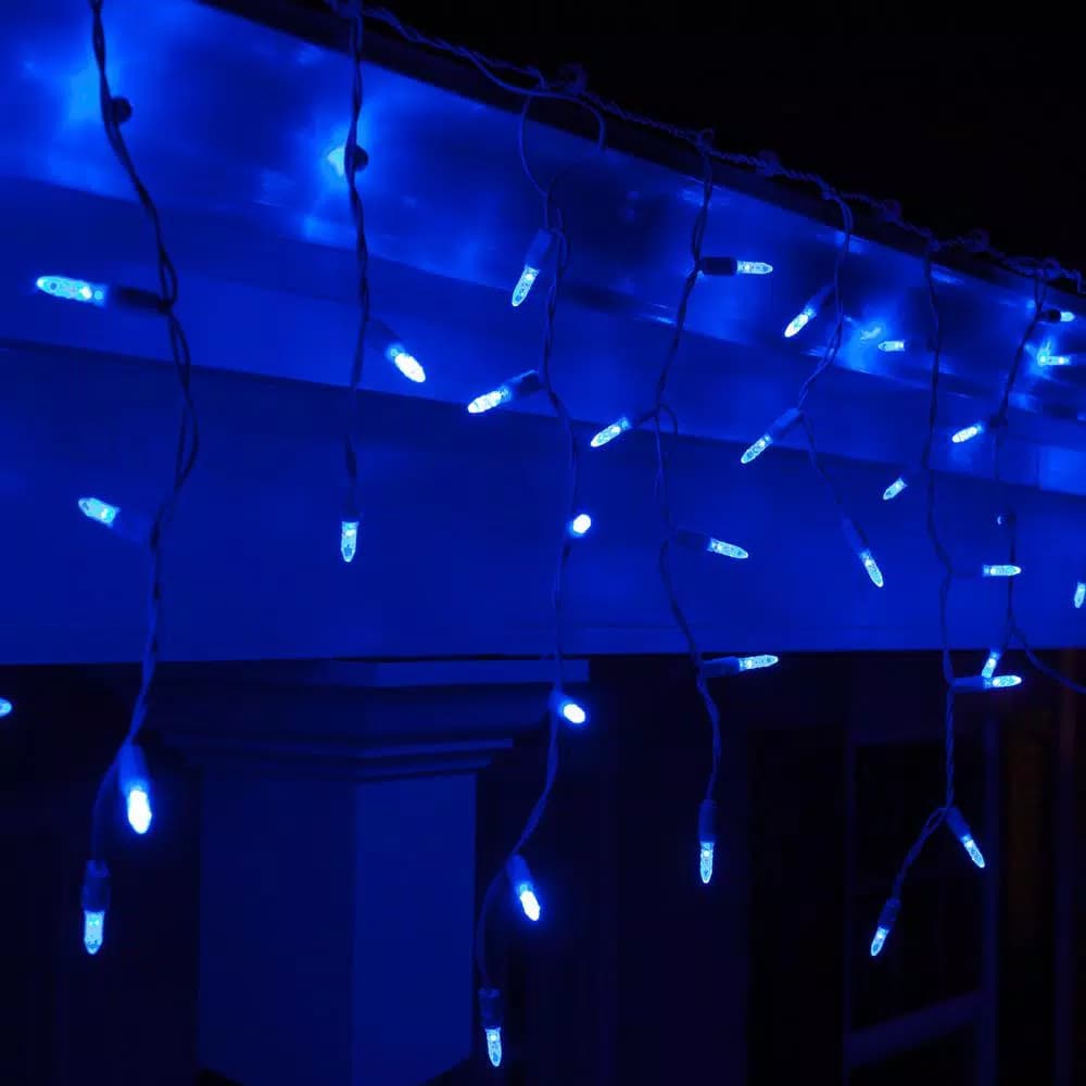 Wintergreen Lighting 7 ft. 70-Light M5 LED Blue Icicle Lights, Shatter-Resistant Acrylic, White Wire