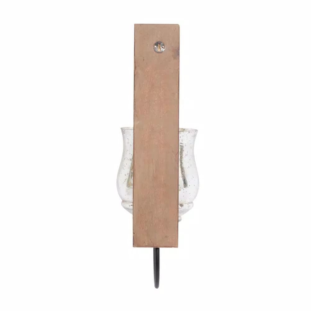 LITTON LANE 21 in. New Traditional Silver Flared Top Hurricane Candle Sconce with Walnut Frame