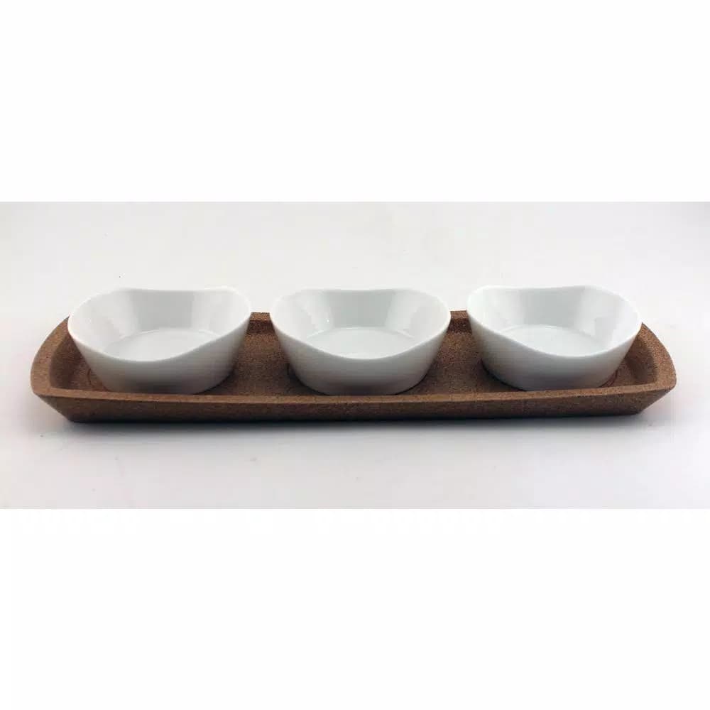 BergHOFF Eclipse 4-Piece Porcelain Snack Bowl Set with Cork Tray, White