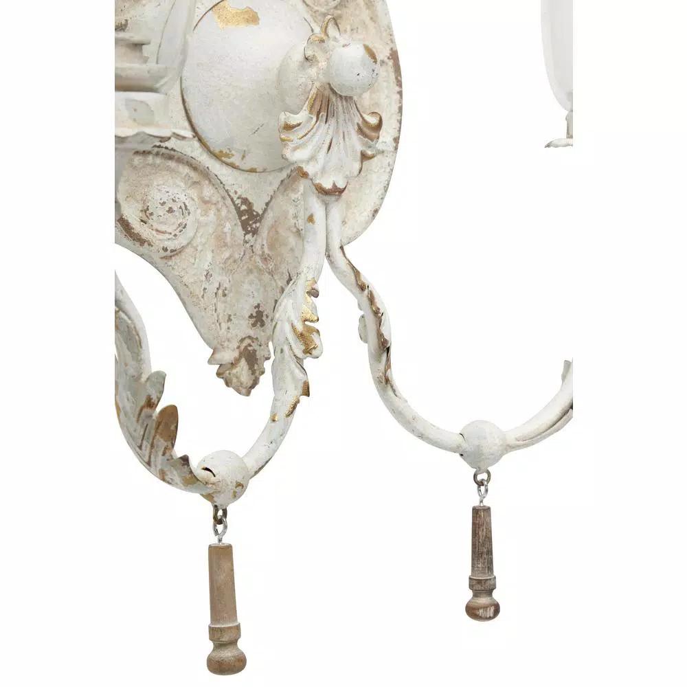LITTON LANE Distressed White 2-Light Candle Sconce with Acanthus Carvings and Wood Bead Accents