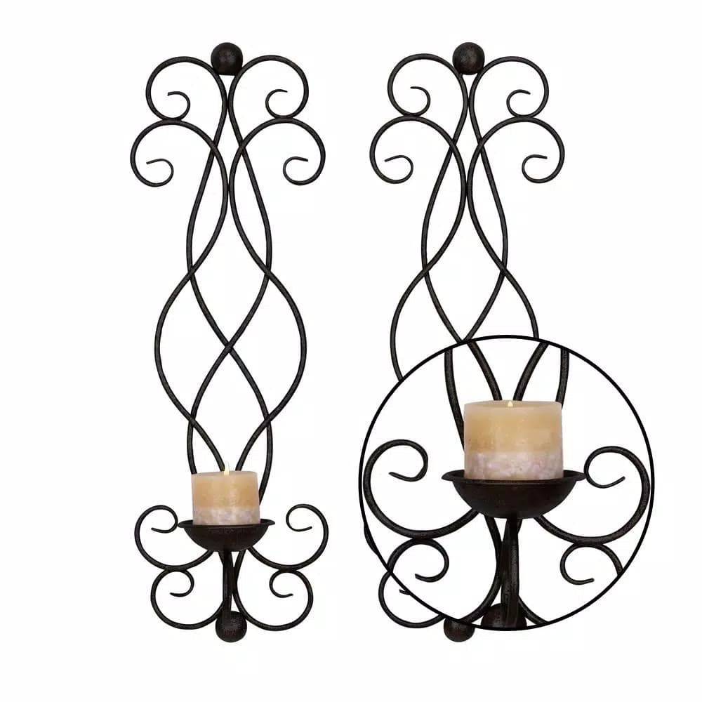LITTON LANE 25 in. Black and Gold Iron Scrollwork Candle Sconce Set of 2