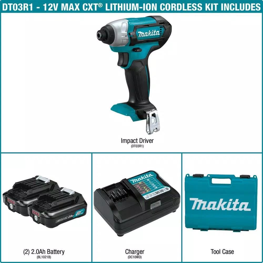 Makita 12V MAX CXT Cordless 1/4 in. Impact Driver Kit with (2) 2.0Ah Batteries, Charger, and Hard Case