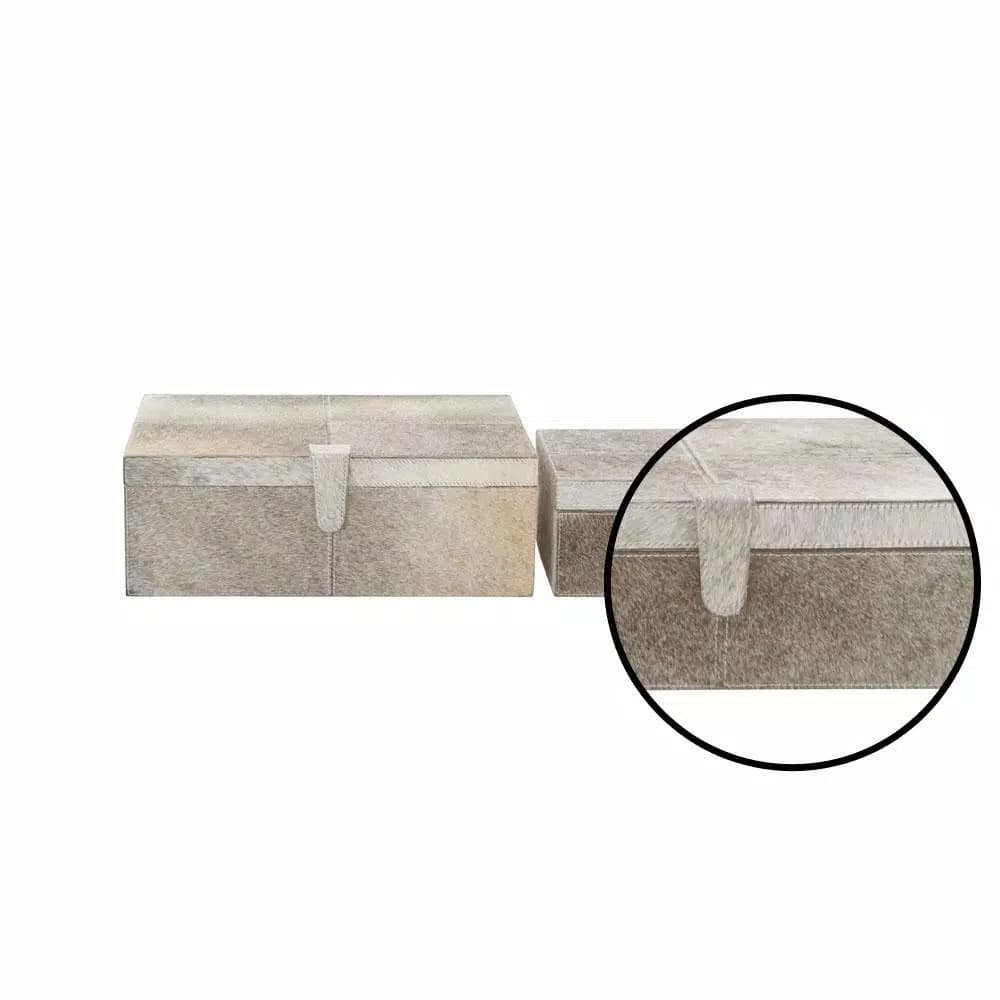 LITTON LANE Natural Reflections Gray Leather Hide Decorative Box Set of 2