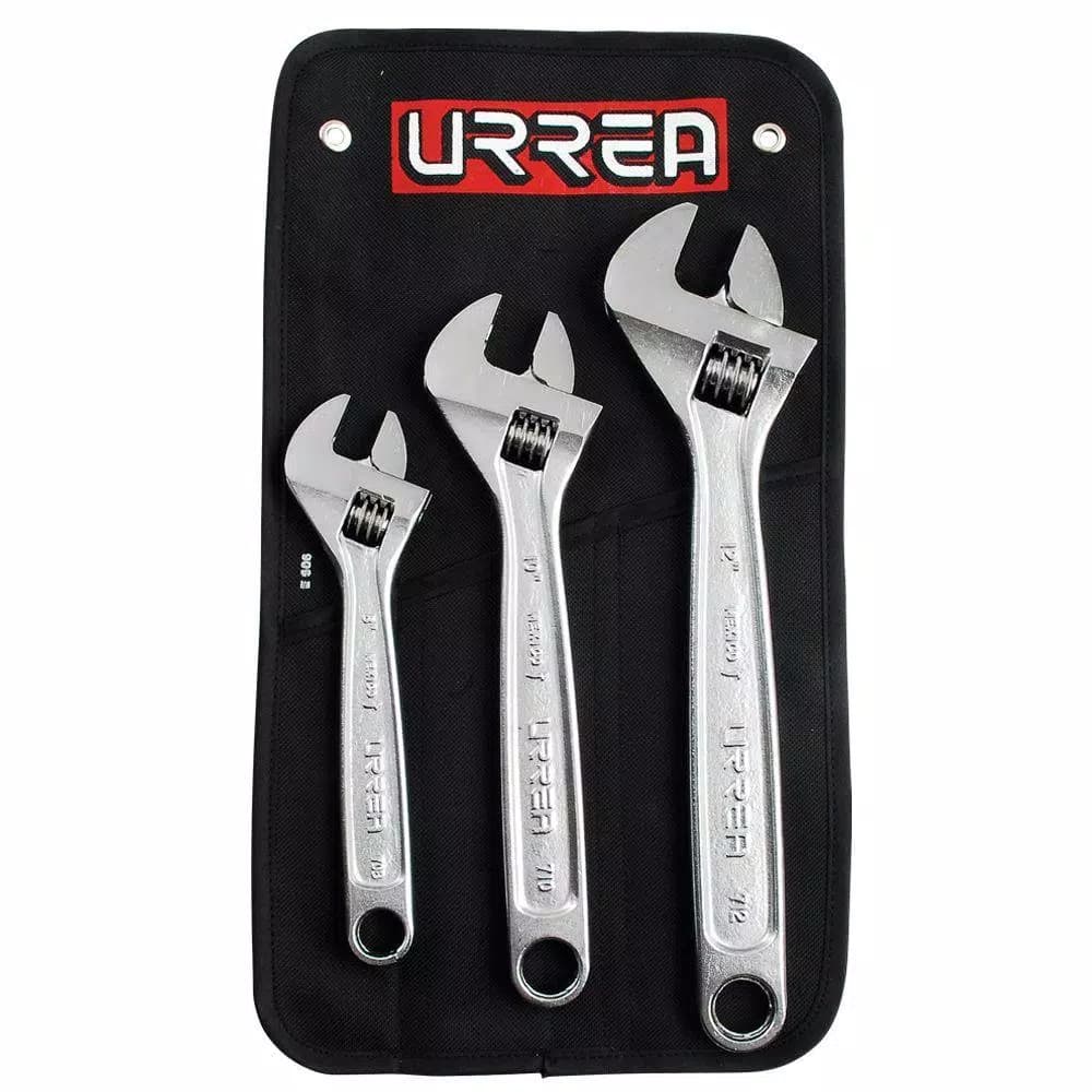 URREA 3-Piece Chrome Adjustable Wrench Set with Rubber Grip, 8 in, 10 in, and 12 in