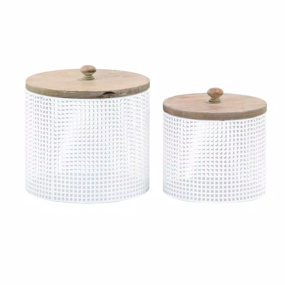 LITTON LANE White Iron Mesh Round Canisters with Wooden Lids, Set of 2