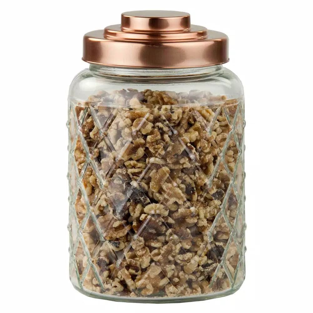 Unbranded Large 114.96 oz Glass Kitchen Canister with Ornate Etched Detail and Copper Steel Lid