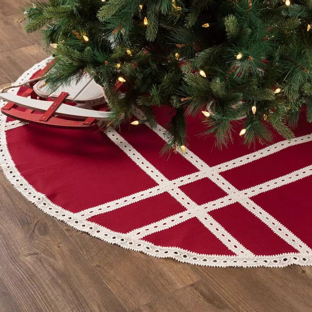 VHC Brands 60 in. Red Margot Farmhouse Christmas Tree Skirt with Diamond Cut Lace