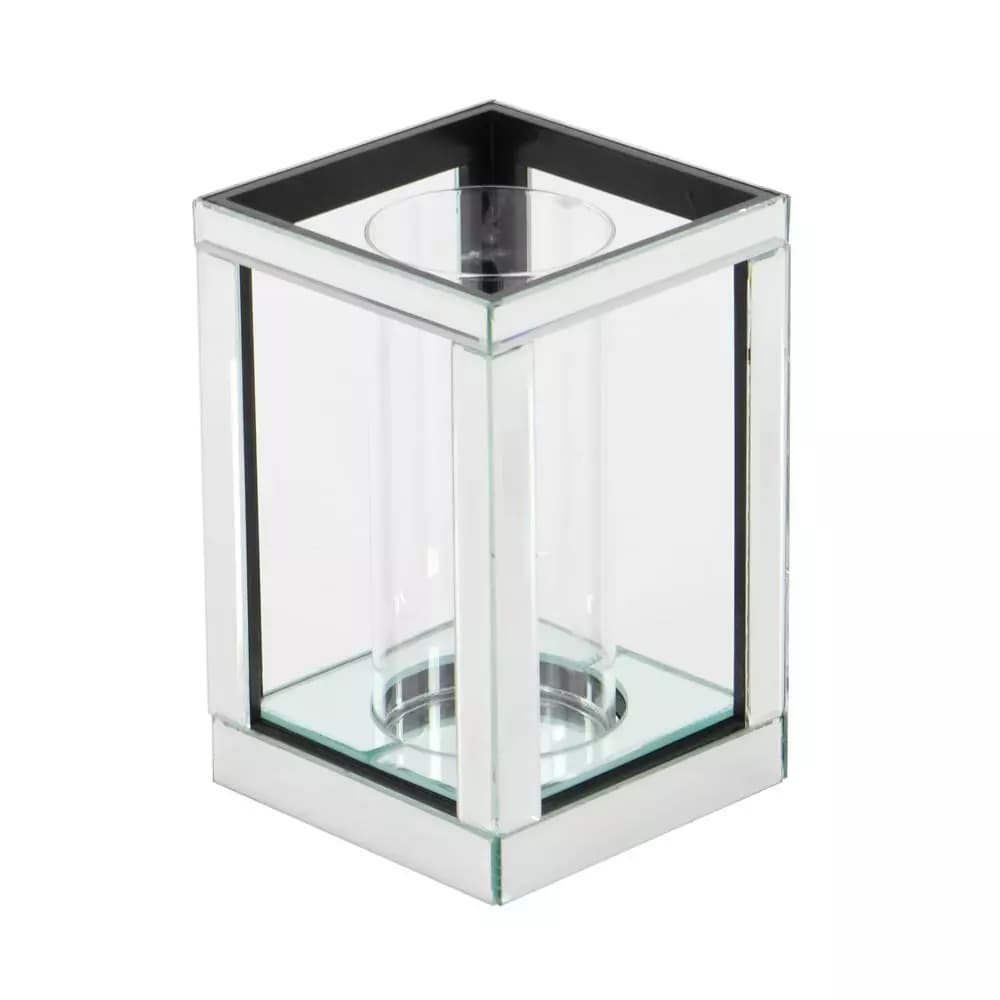 LITTON LANE 10 in. Silver Wood and Clear Glass Candle Holder, Modern Glam Candlestick