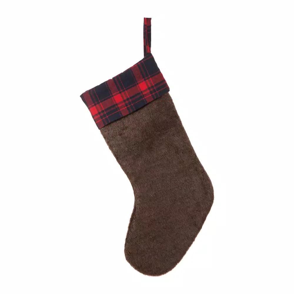 Glitzhome 19 in. Plush Christmas Stocking with Red and Green Plaid Cuff