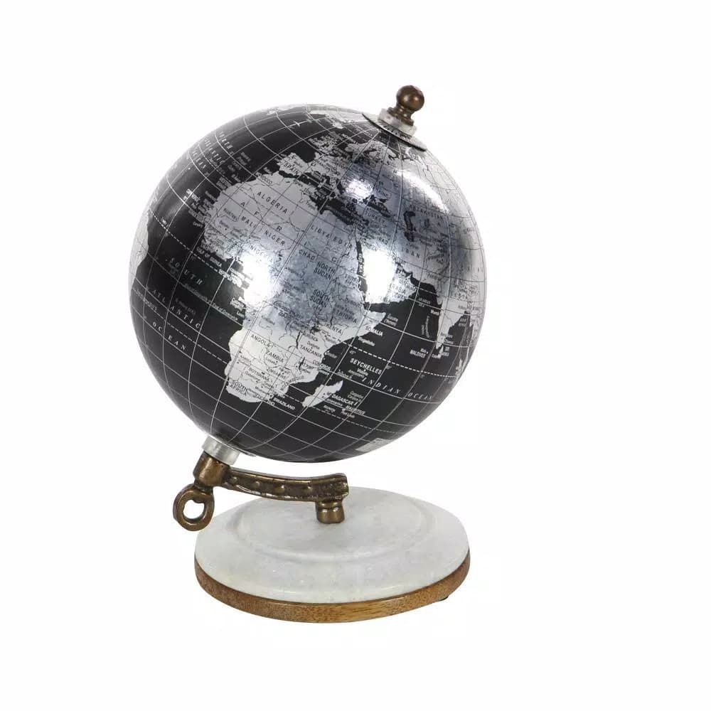 LITTON LANE Modern Reflections 7 in. Decorative Black and Silver Table Globe with Marble and Mango Wood Base