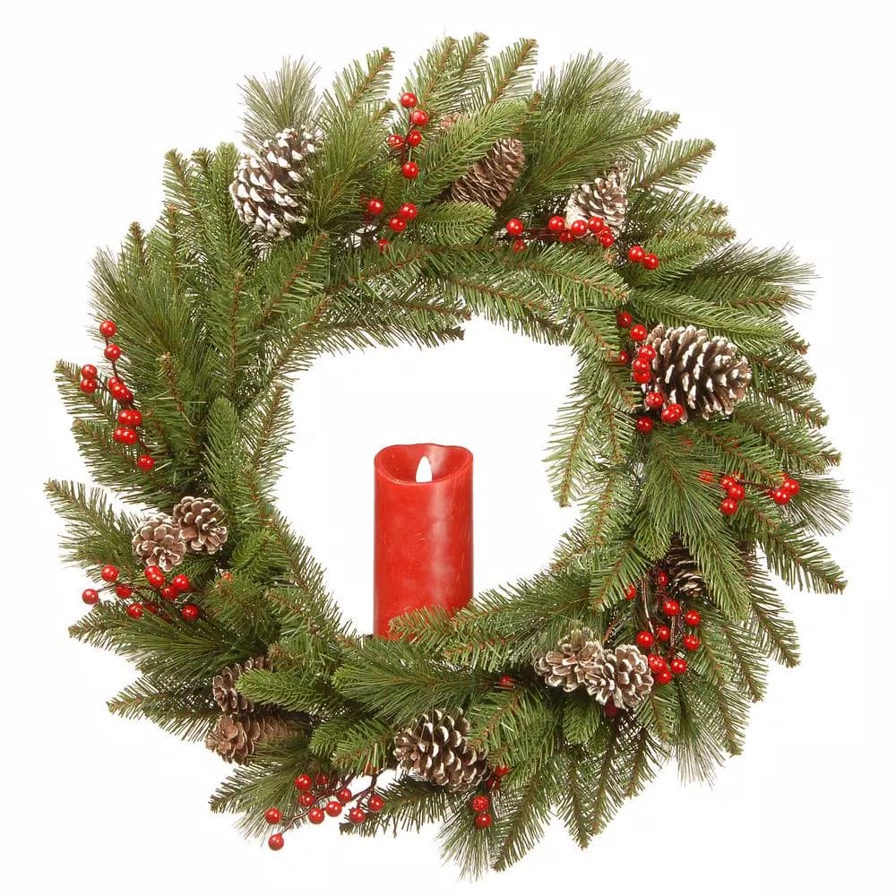 National Tree Company 24 in. Feel Real Bristle Berry Wreath with Red Electronic Flickering Candle, Berries and Pine Cones