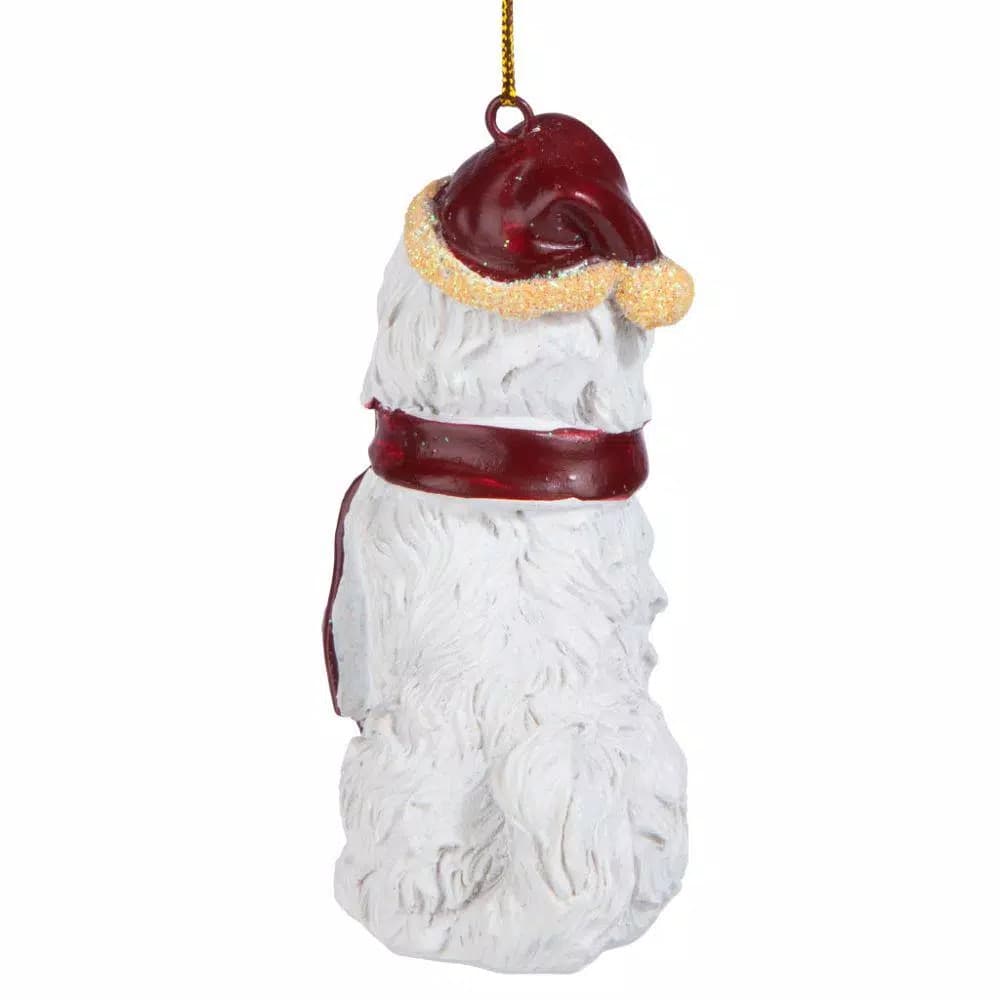 Design Toscano Maltese Dog Holiday Ornament Sculpture with Santa Hat and Red Scarf