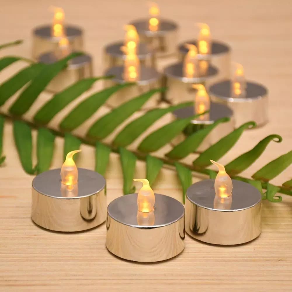 LUMABASE Silver Plated LED Tea Light Candles, 12-Count Battery Operated Flickering Amber Glow