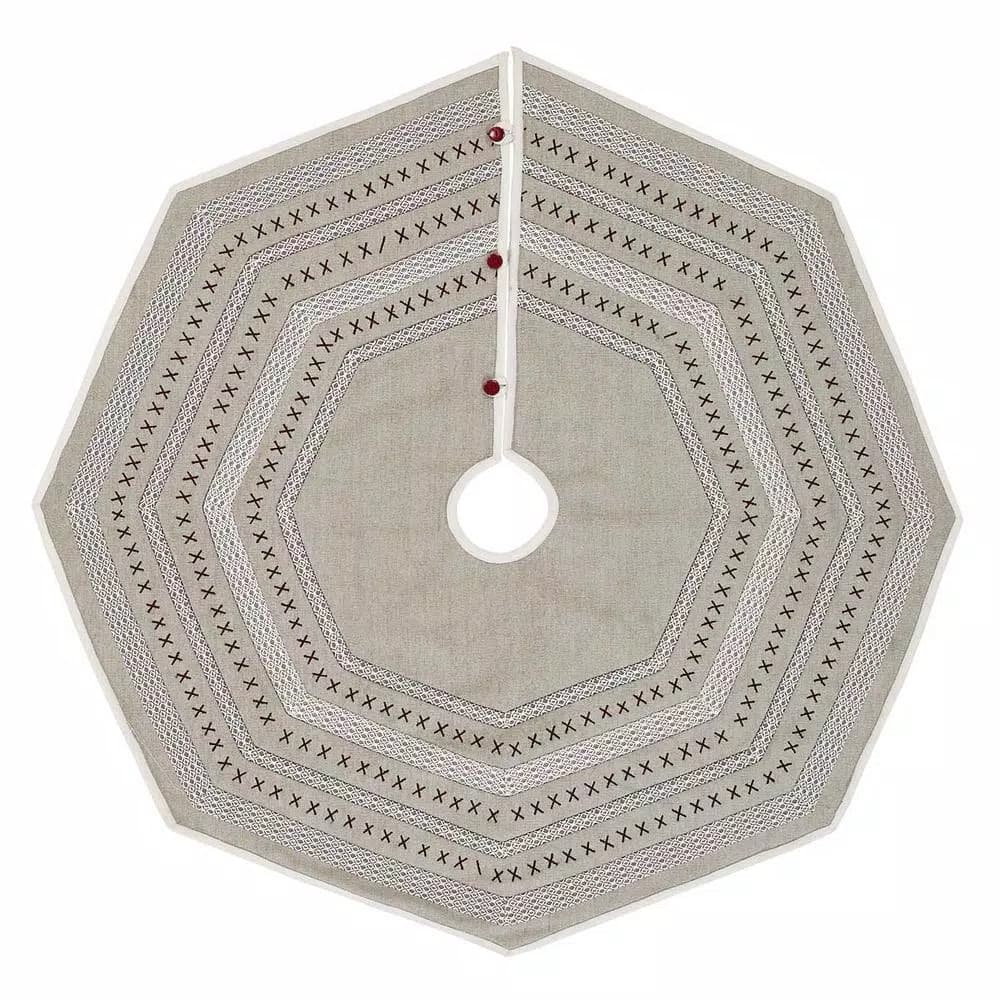 VHC Brands 48 in. Liv Pebble Grey Traditional Christmas Tree Skirt with Nordic Trim