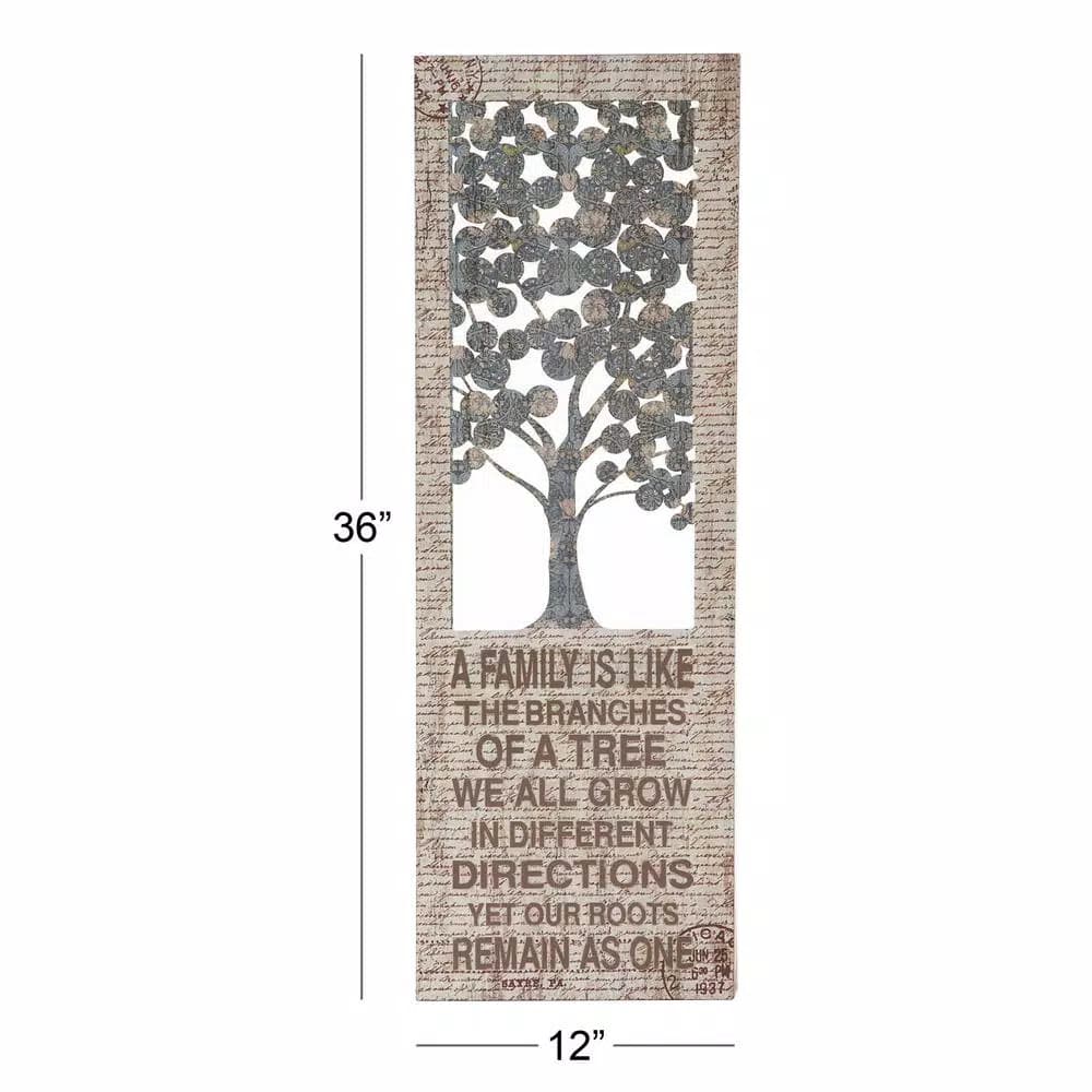 LITTON LANE 12 x 36 in. Shabby Chic Family Branches Inspirational Quote Wall Decor, Rustic Abstract Tree Art