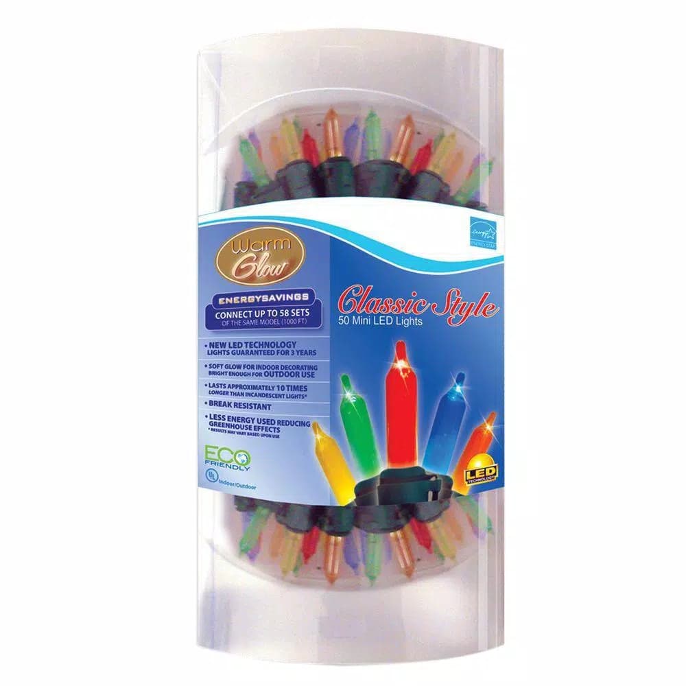 Brite Star 50-Count Multi-Color Mini LED Christmas Lights, Warm Glow, Indoor/Outdoor