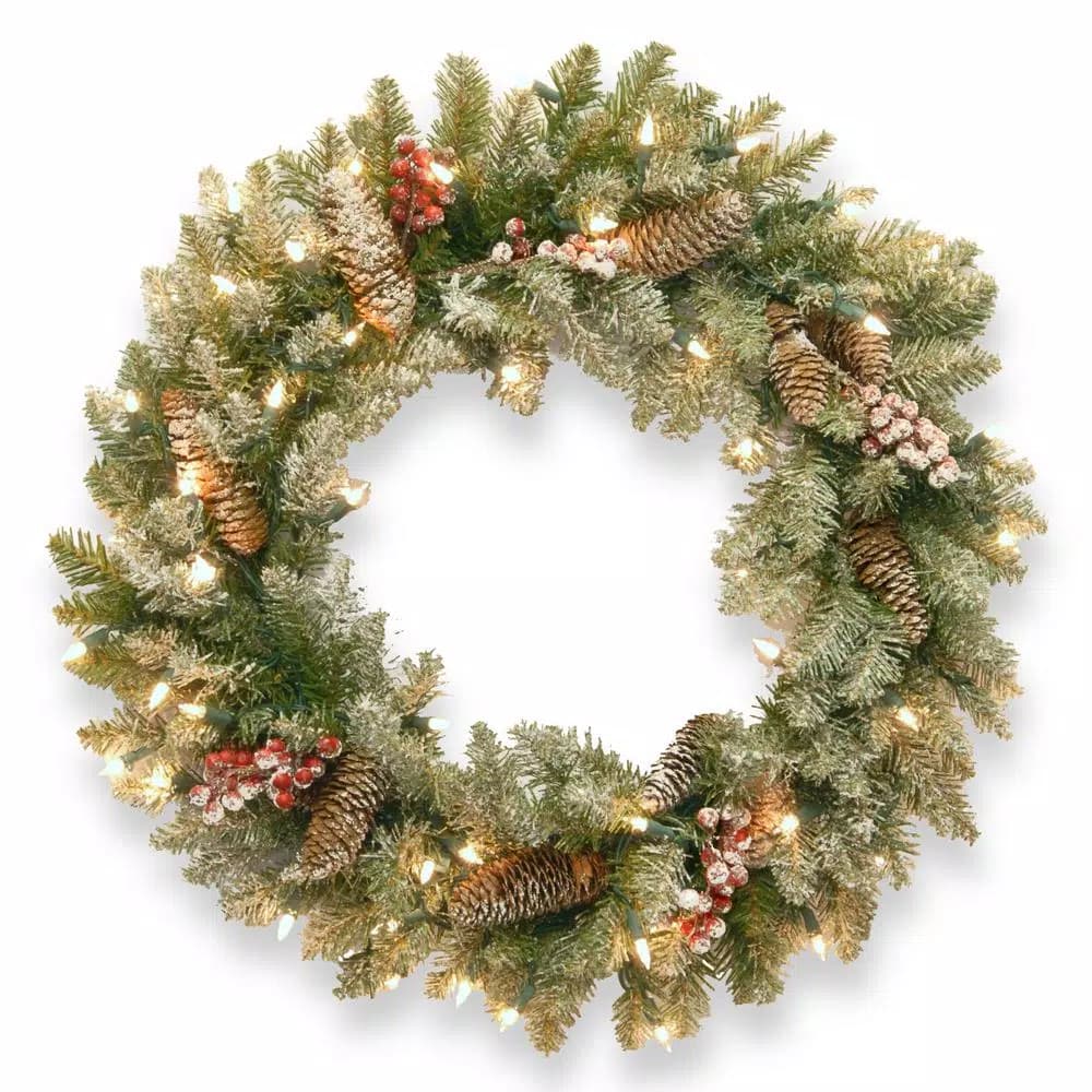 National Tree Company Dunhill Fir 30 in. Artificial Christmas Wreath with 50 Clear Lights, Red Berries, and Pinecones