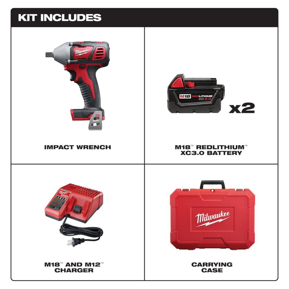 Milwaukee M18 1/2 in. Compact Impact Wrench Kit w/ (2) 3.0 Ah Batteries, Charger & Hard Case