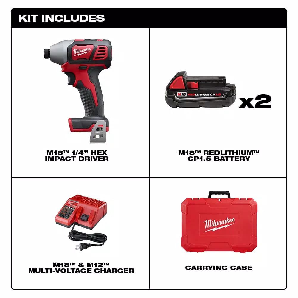 Milwaukee M18 18V Lithium-Ion Cordless 1/4 in. Hex Impact Driver Kit with (2) 1.5Ah Batteries, Charger, and Hard Case