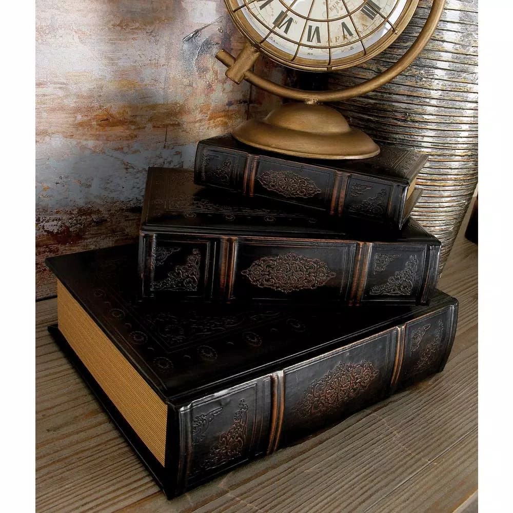 LITTON LANE Vintage Rectangular Wood and Faux Leather Flourished Book Boxes, Set of 3