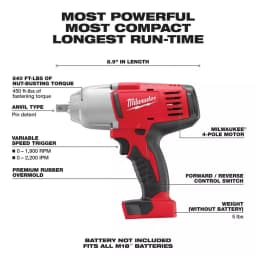 Milwaukee M18 1/2 in. High-Torque Cordless Impact Wrench with Pin Detent (Tool Only) thumbnail 2
