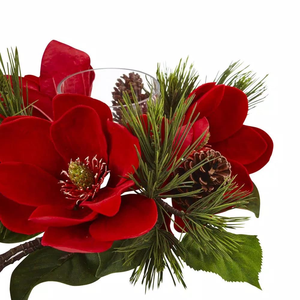 Nearly Natural 7 in. Red Magnolia and Pine Candelabrum with Glass Candleholder