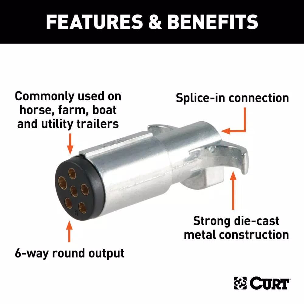CURT 6-Way Round Trailer Connector Plug, Diecast Metal, Male End