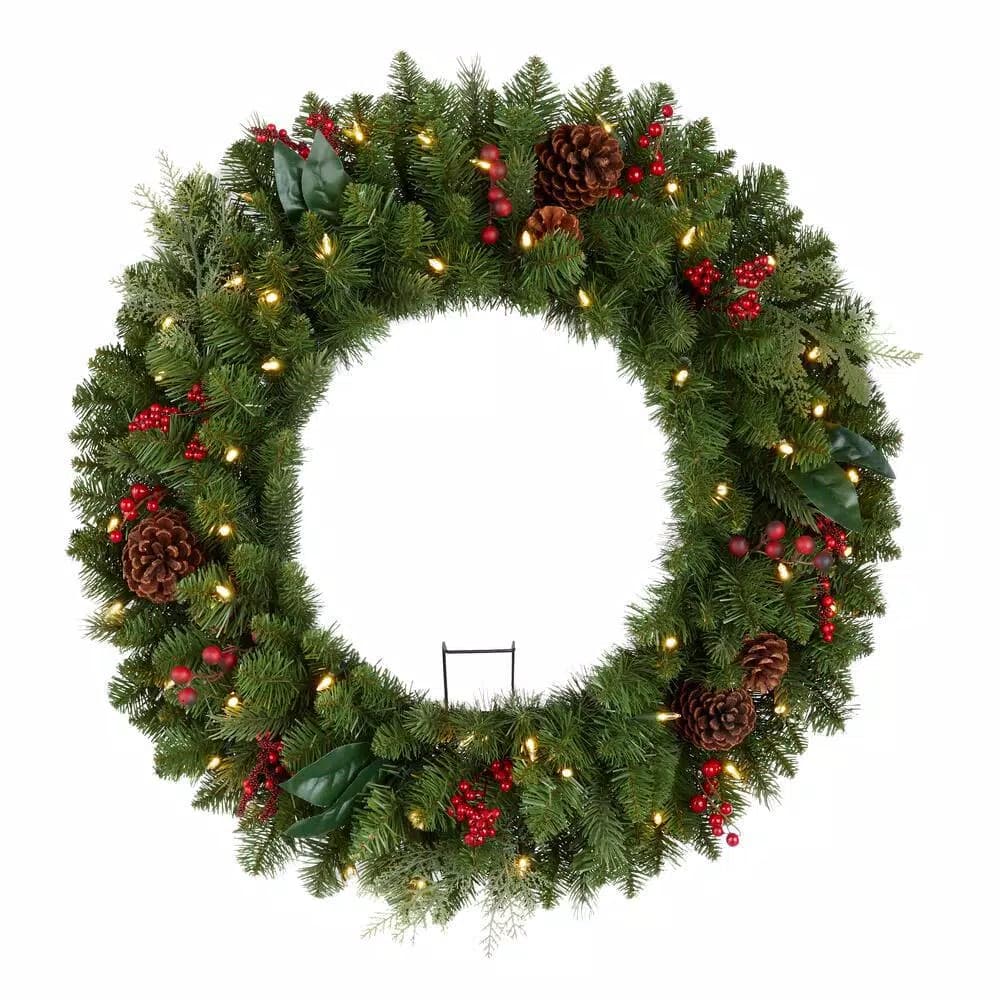 Home Accents Holiday 30 in. Winslow Fir Pre-lit Artificial Christmas Wreath with 50 Warm White LED Lights and Timer